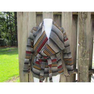 Me Jane Tribal Aztec Colorful Blanket Open Front Cardigan Jacket w/belt  Small